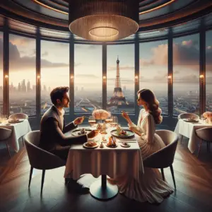 couple qui dine au restaurant de la tour eiffel le jules vernes